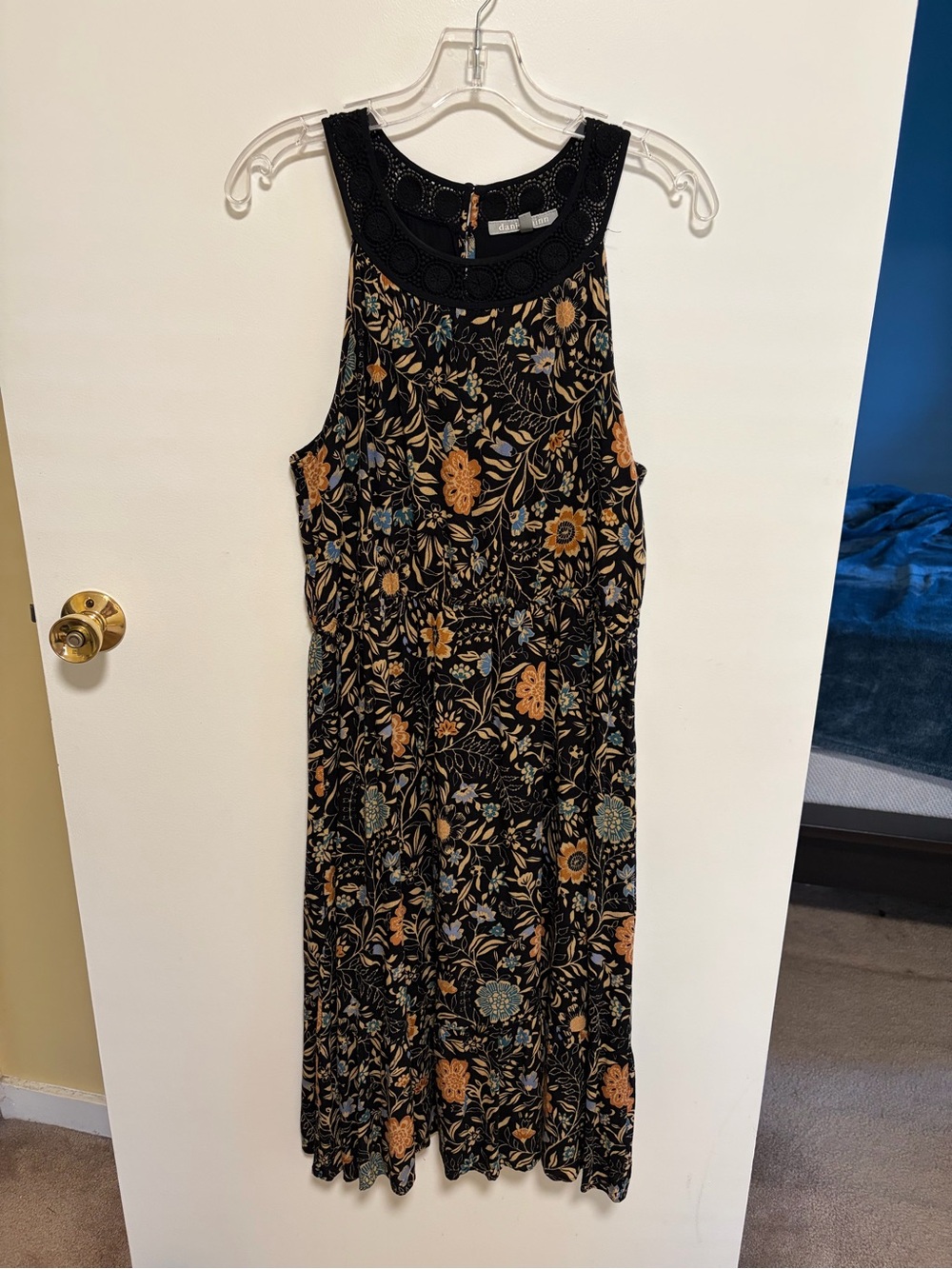 Daniel Rainn Black Crochet Yoke Floral Maxi Dress with Mustard & Teal Accents